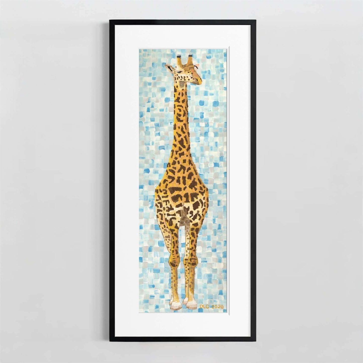 Giraffe art print in black frame with white mat on gray background, by Dorrin Gingerich