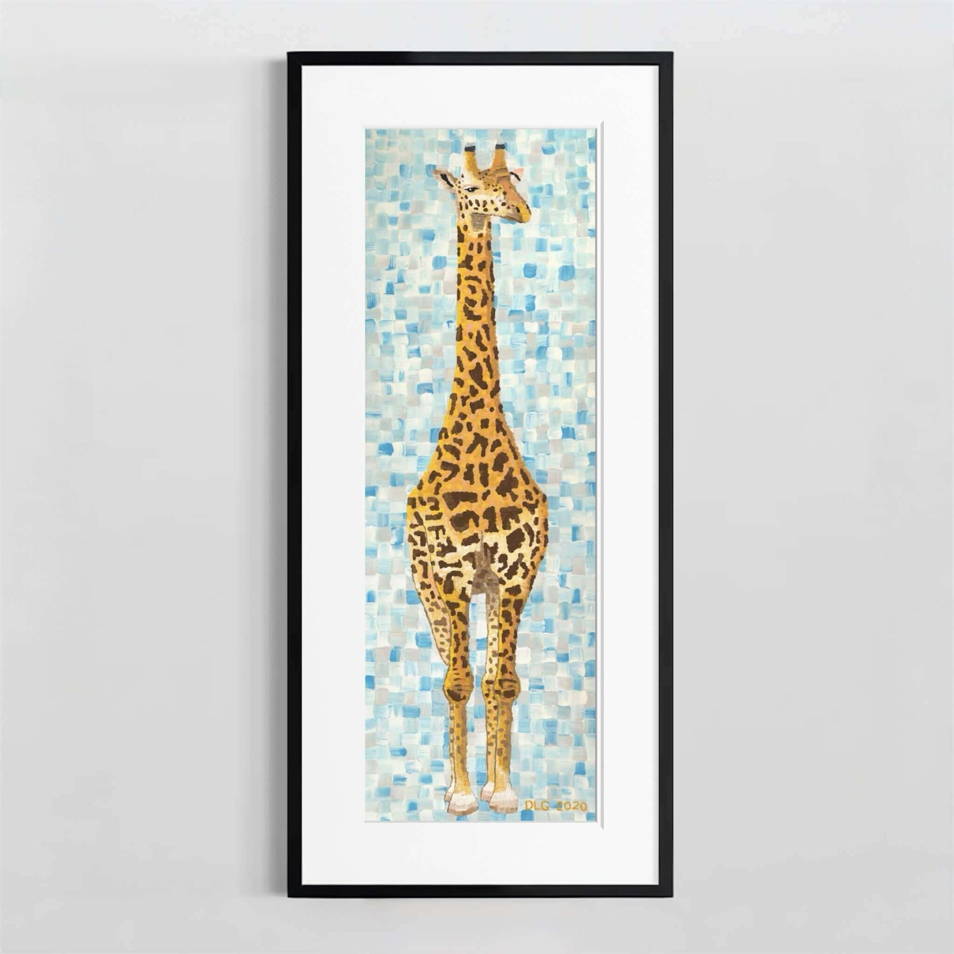 Giraffe art print in black frame with white mat on gray background, by Dorrin Gingerich