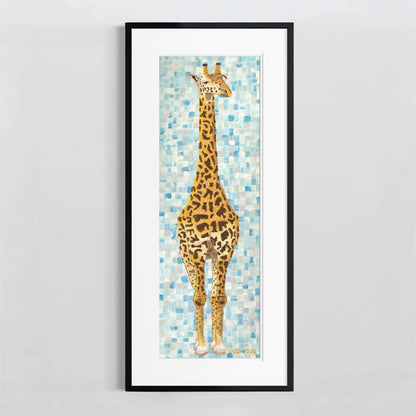 Giraffe art print in black frame with white mat on gray background, by Dorrin Gingerich