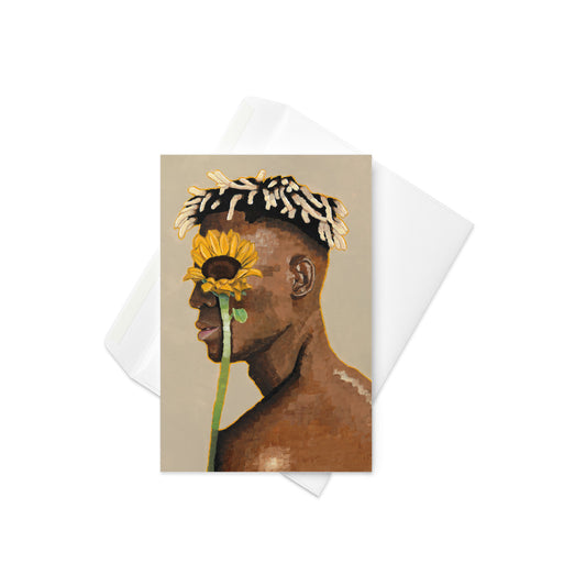 Greeting card with a stylized illustration of a person holding a sunflower, on a white background.