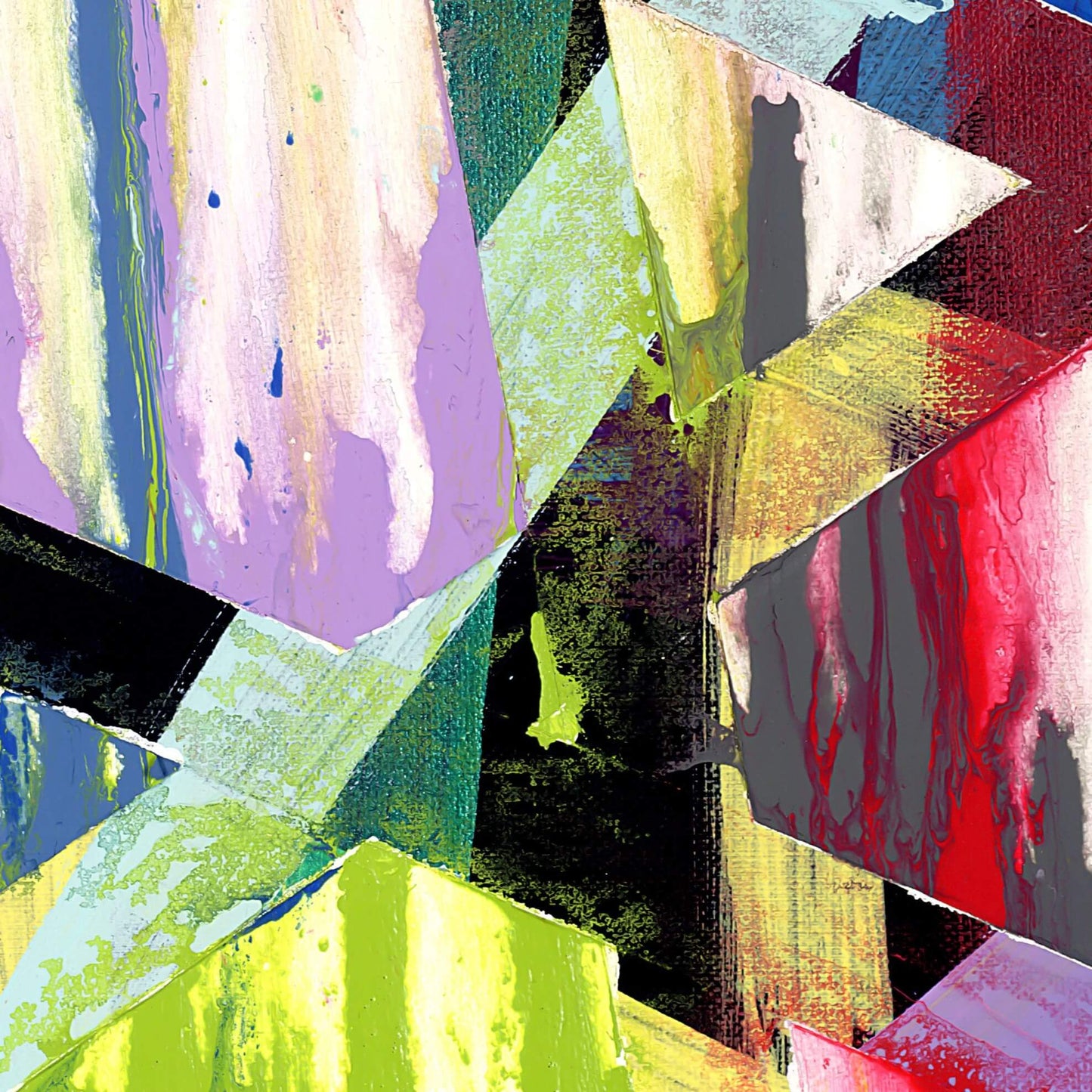 Close-up detail of Intersections highlighting green, yellow, and red geometric panels