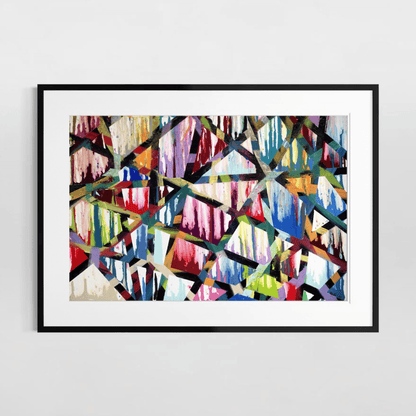 Framed Intersections abstract print with a white mat on a plain white wall