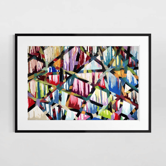 Framed Intersections abstract print with a white mat on a plain white wall