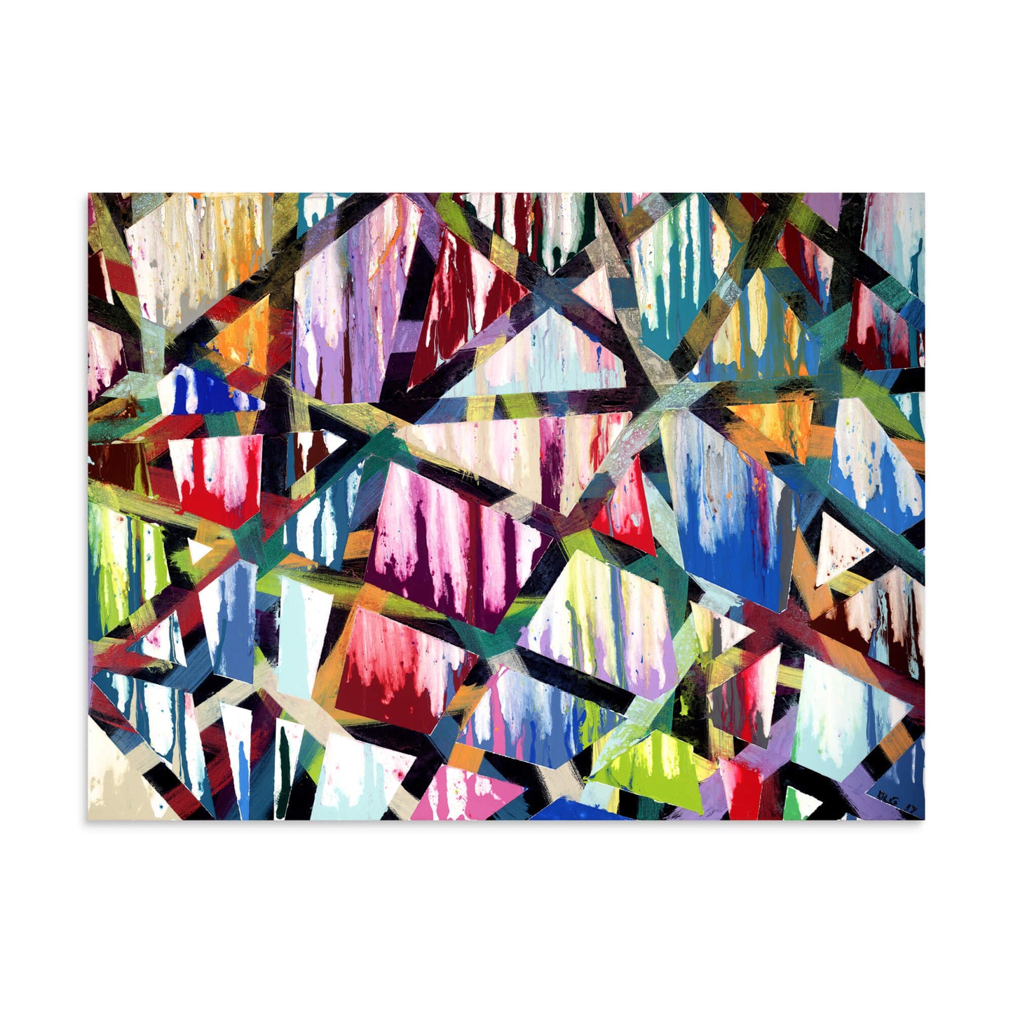 30x40 oversized abstract art print of Intersections in bold reds, pinks, and blues