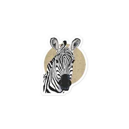 Zebra 1 vinyl sticker featuring bold black-and-white zebra art print and warm tan backdrop — perfect for fans of animal wall art and modern accessories.