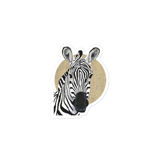 Zebra 1 vinyl sticker featuring bold black-and-white zebra art print and warm tan backdrop — perfect for fans of animal wall art and modern accessories.