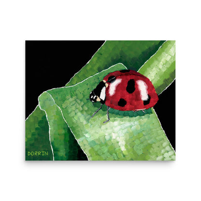 Red ladybug insect wall art print 16x20, painterly green leaf black background