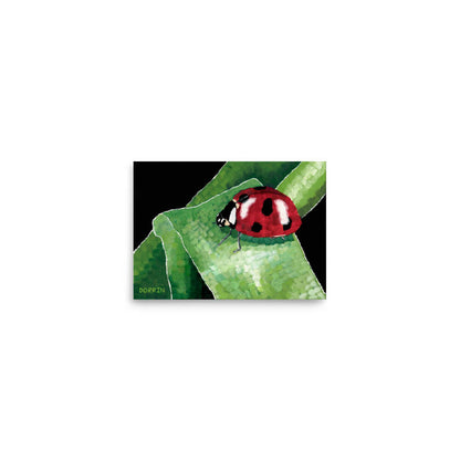 Ladybug on grass fine art print 5x7, red ladybug on green leaf painting by Dorrin Gingerich