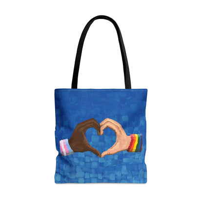 Loving Pride tote bag hanging on a wall hook — a pride art piece turned into a functional accessory, blending love artwork and LGBTQ fashion.