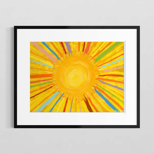 Mr. Sunshine sun art print in a black frame on a light gray wall