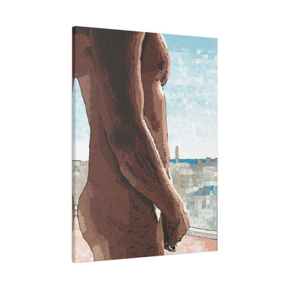 Naked Window canvas art print – main product photo showing front view without a frame – expressive modern wall decor featuring the natural human form in a city-inspired color palette. Great for fun art prints