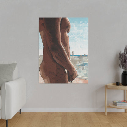 Naked Window canvas art print – 18x24 size on display – expressive modern wall decor featuring the natural human form in a city-inspired color palette. A great choice for cheap wall prints