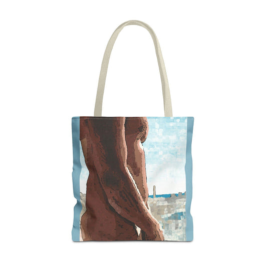 Close-up front view of Naked Window art tote bag featuring original artwork by Dorrin Gingerich – bold and affordable artwork print.