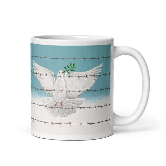Peace dove with olive branch ceramic mug, right handle view, art by Dorrin