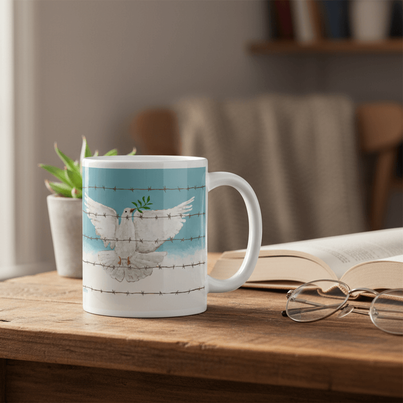 Peace dove art mug on wood desk with open book and glasses, lifestyle photo