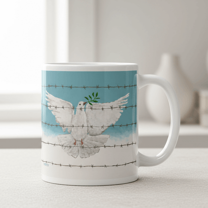 Peace dove barbed wire ceramic mug on white surface, minimal lifestyle setting