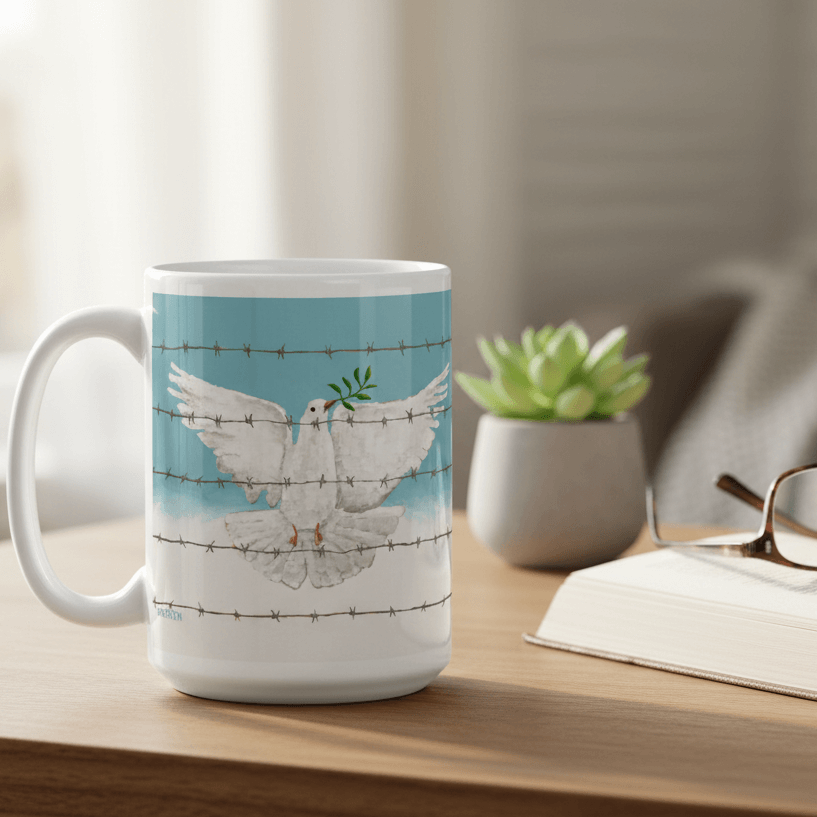Peace dove with olive branch art mug, front view on white background, by Dorrin