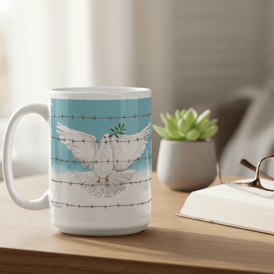 Peace dove with olive branch art mug, front view on white background, by Dorrin