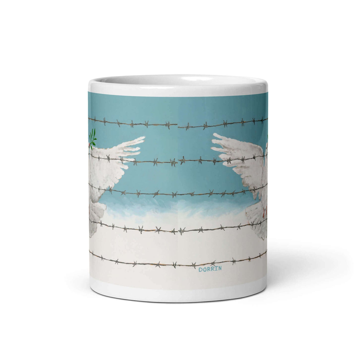 Full wrap peace dove barbed wire mug design, front facing, art by Dorrin