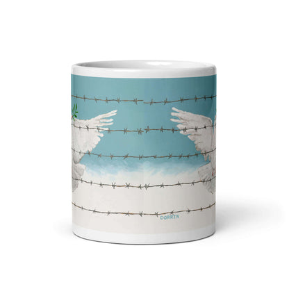 Full wrap peace dove barbed wire mug design, front facing, art by Dorrin