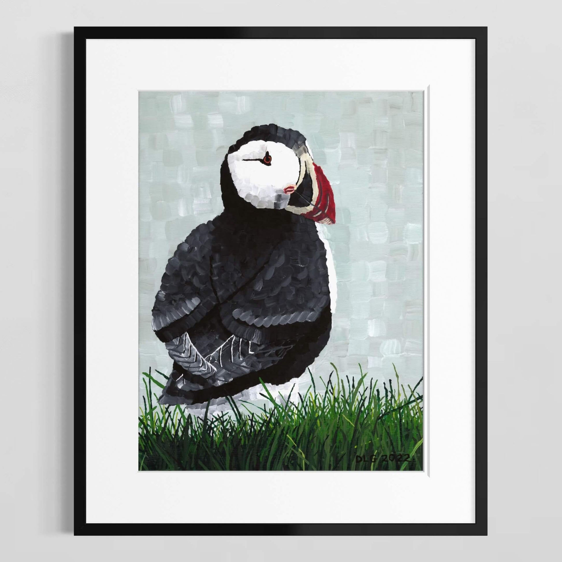 Atlantic puffin seabird print framed in black with white mat, ready to hang wildlife art