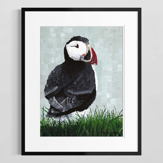 Atlantic puffin seabird print framed in black with white mat, ready to hang wildlife art