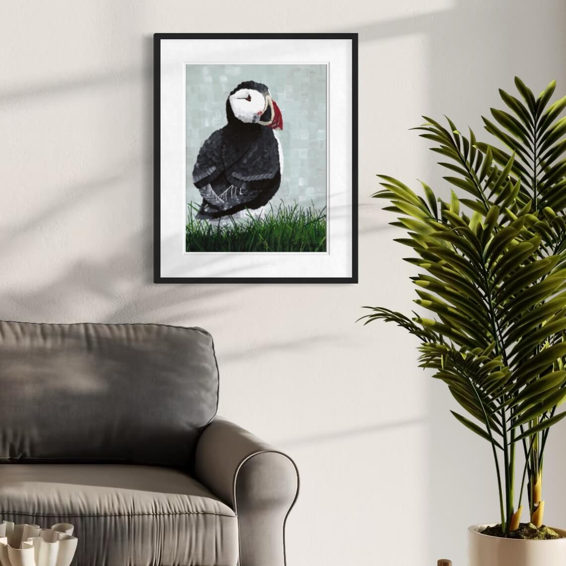 Puffin coastal art above sofa with tropical plant, bird lover wall decor for living room