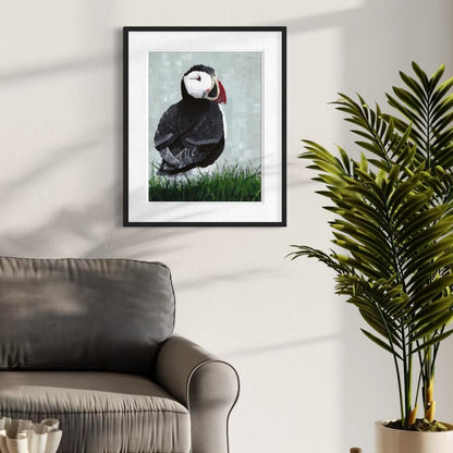 Puffin coastal art above sofa with tropical plant, bird lover wall decor for living room