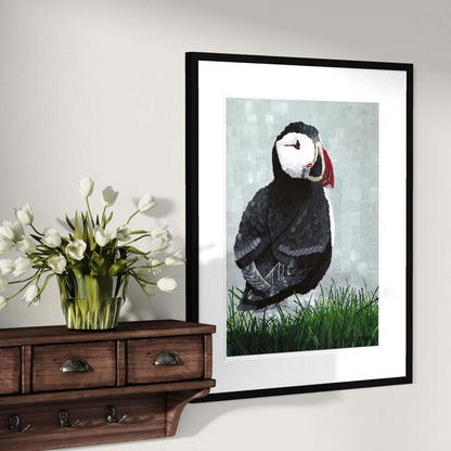 Framed puffin print above entryway shelf, coastal bird art gift for nature lover