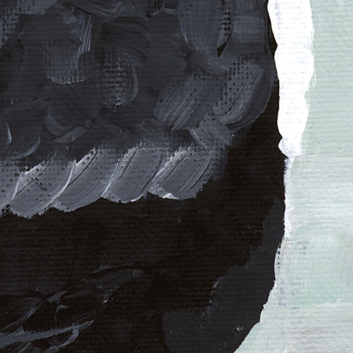 Detail of puffin feather texture, layered black and gray brushstrokes in original wildlife painting