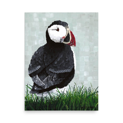 Atlantic puffin painting print, black and white seabird with red beak standing in coastal grass