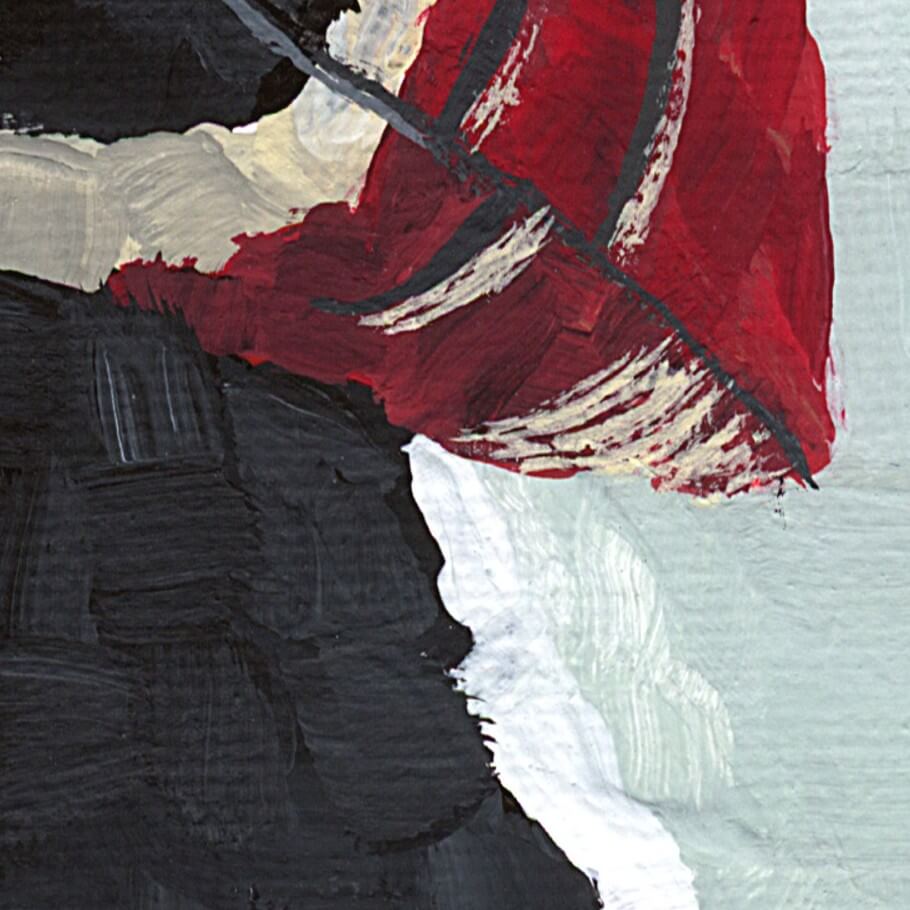 lose-up of puffin red and cream beak detail, expressive brushwork from original acrylic painting