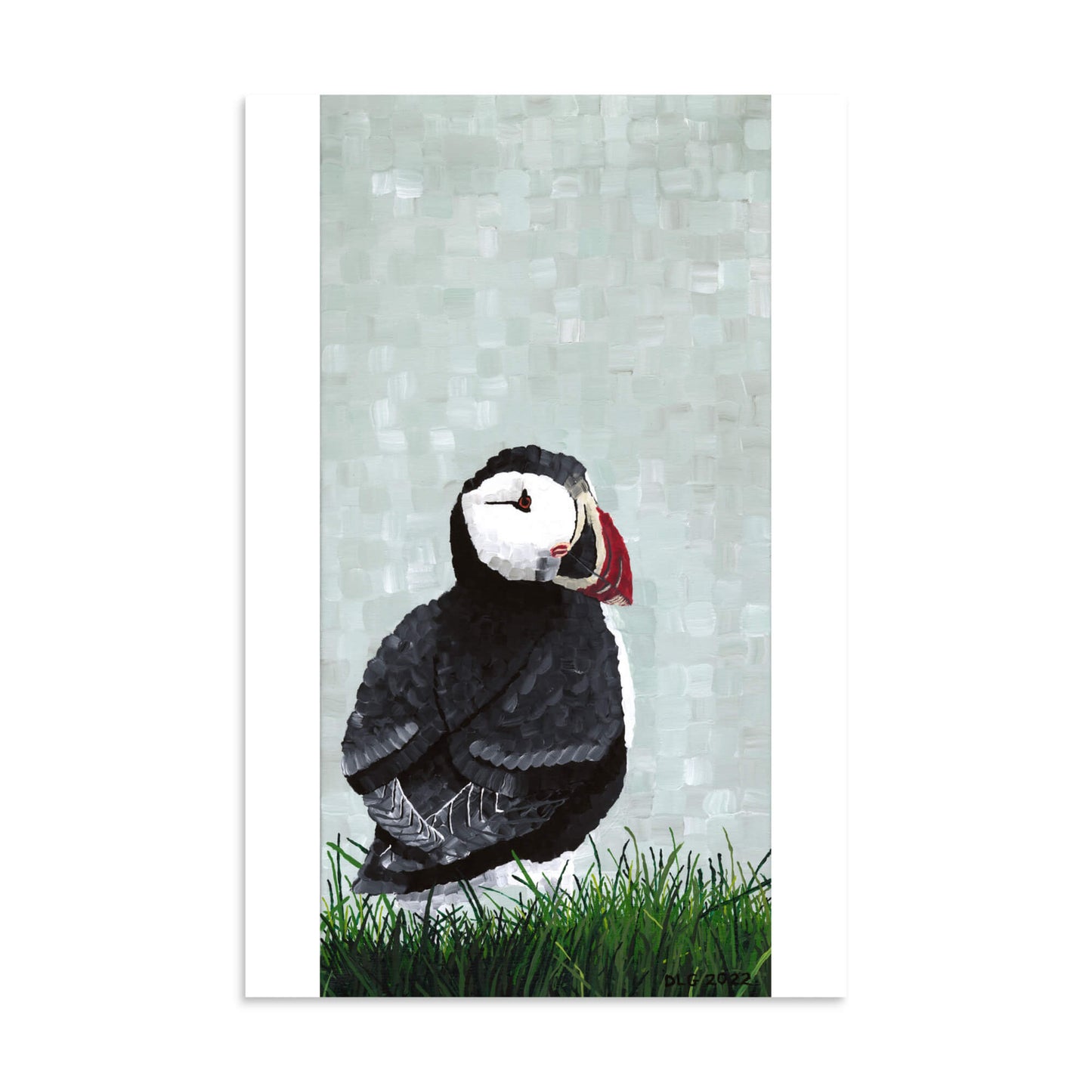 Tall puffin portrait panel print 16x24, painterly seabird art for coastal bedroom or hallway