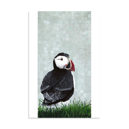 Tall puffin portrait panel print 16x24, painterly seabird art for coastal bedroom or hallway