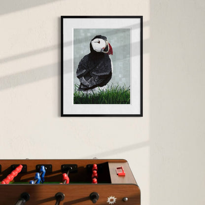 Framed puffin seabird print on wall, wildlife art for a game living space