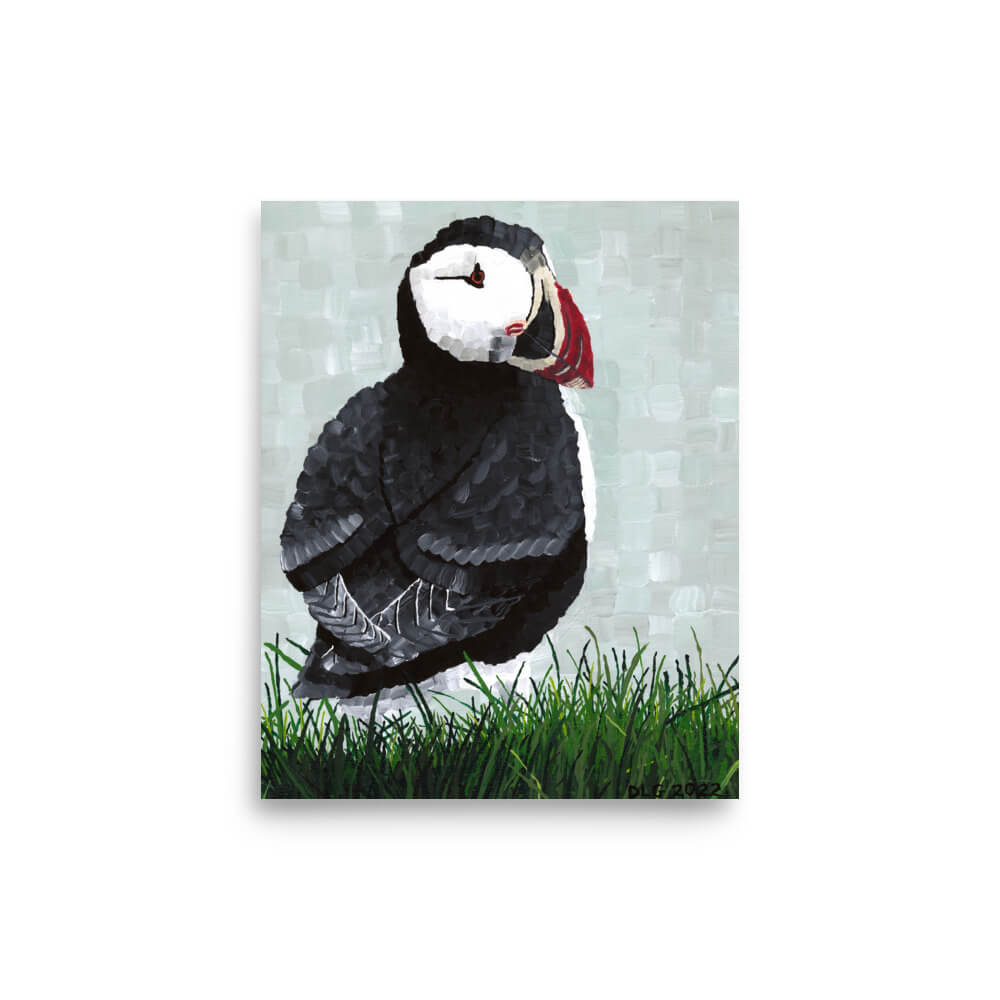 Puffin seabird print 8x10, wildlife painting with mint background for bathroom or bedroom wall