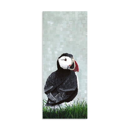 Narrow tall puffin print 10x24, coastal bird art for entryway or stairwell wall
