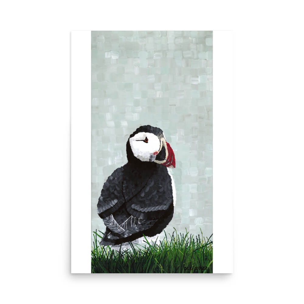 Tall puffin wall art print, Iceland seabird painting with mint green brushstroke background