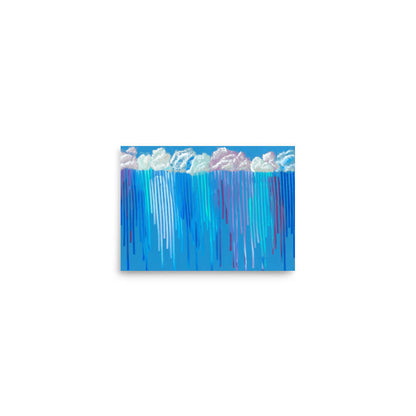 Small 5x7 art print of Rain on Me, a blue abstract painting with cloud and rain motifs