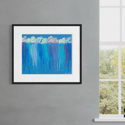 Rain on Me framed abstract print hanging on a gray wall beside a sunlit window