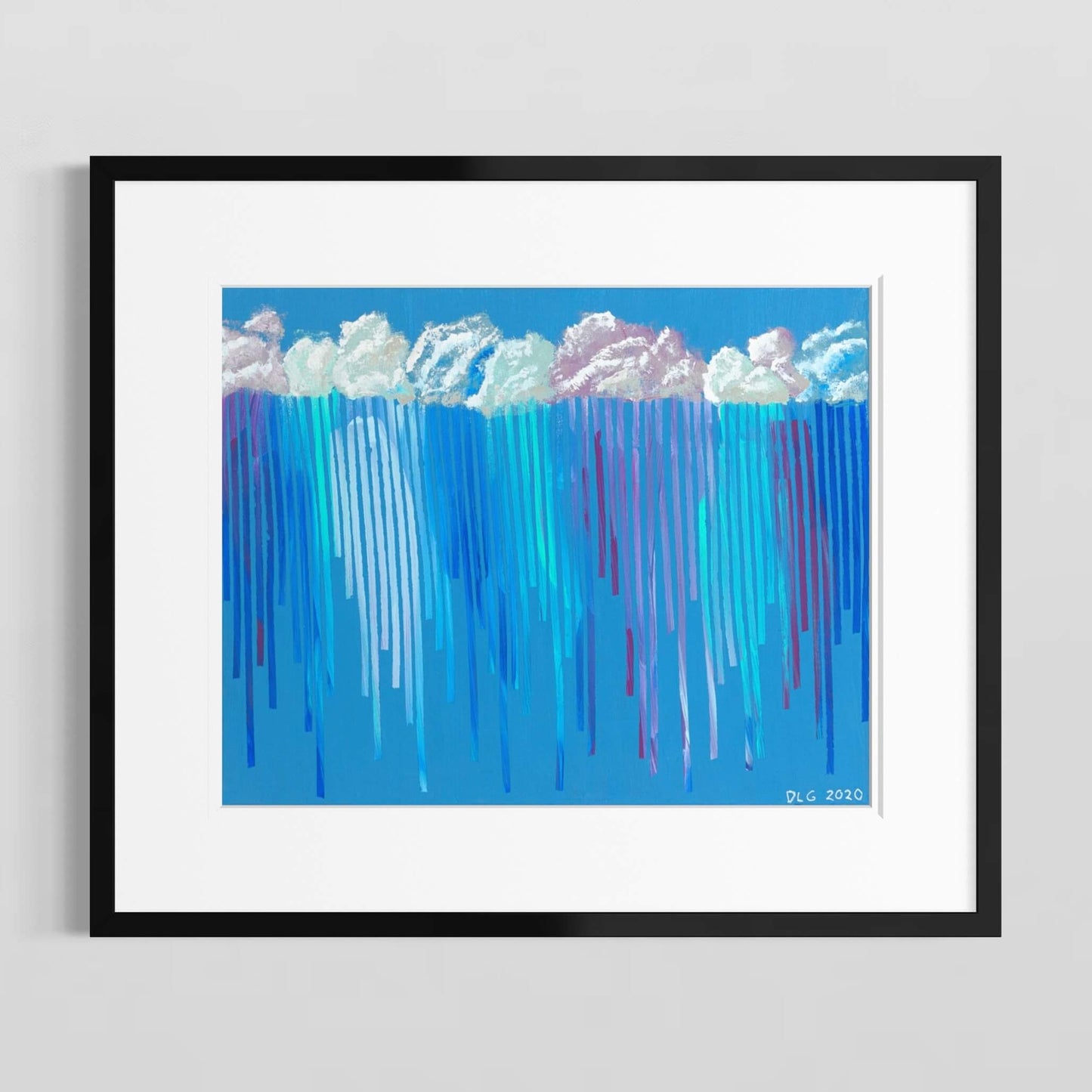 Rain on Me abstract art print in a black frame with white mat on a plain wall