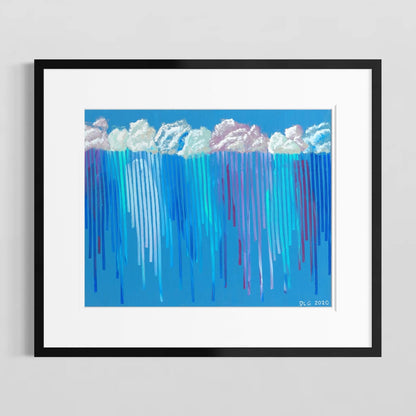 Rain on Me abstract art print in a black frame with white mat on a plain wall