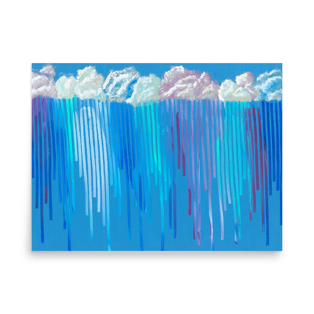 18x24 large abstract art print of Rain on Me with a bold cobalt sky and colorful rain