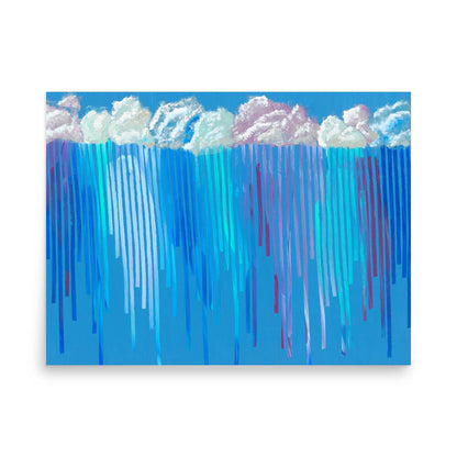 18x24 large abstract art print of Rain on Me with a bold cobalt sky and colorful rain