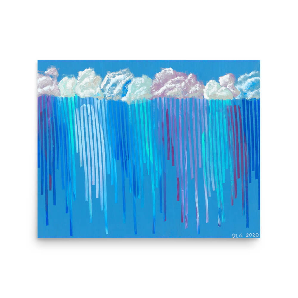 16x20 modern wall art print of Rain on Me, streaks of blue and magenta rain under clouds
