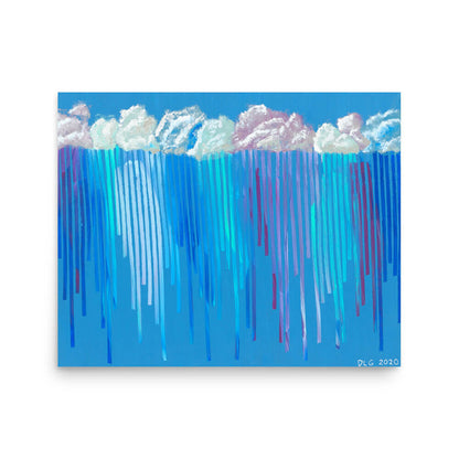 16x20 modern wall art print of Rain on Me, streaks of blue and magenta rain under clouds