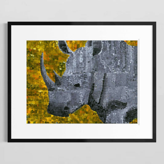 Framed rhino art print with black frame and white mat on a white wall
