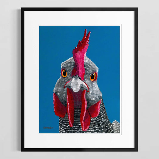 Dorrin Gingerich rooster fine art print in black frame with white mat against gray wall