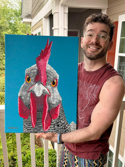 Dorrin Gingerich holding the original Rooster painting on a front porch