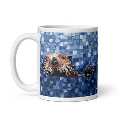 cute sea otter coffee mug with blue painted water pattern for animal and ocean lovers